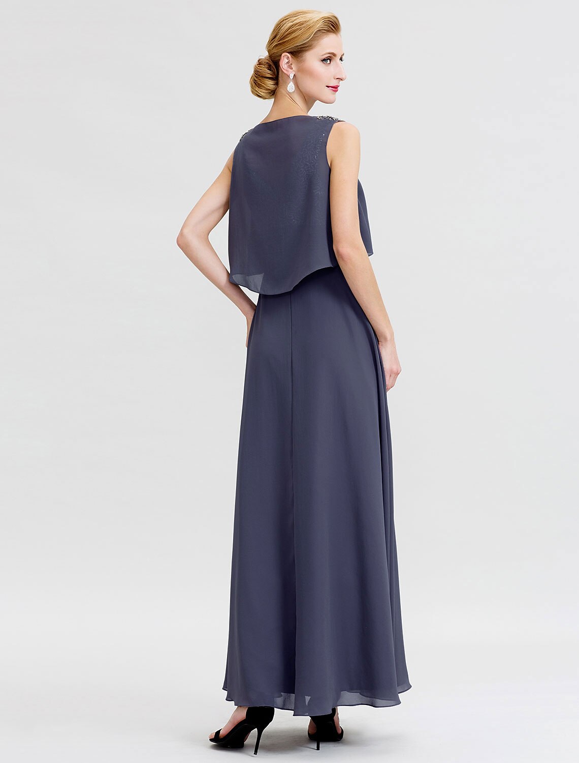 Abito da madre della sposa a trapezio, formale, con schiena scoperta, due pezzi, scollo gioiello, lunghezza alla caviglia, in chiffon con paillettes, senza maniche, con fasce/nastri e perline